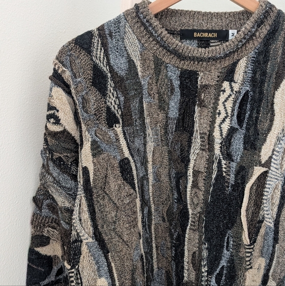 Vintage 90's Coogi Style Abstract Texture Chunky Crewneck Sweater In Tan/Black - Picture 3 of 8